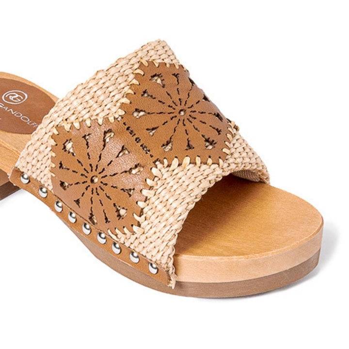 Roberta Gandolfi Sandalo Giulia Platform In Legno E Tomaia In Rafia E Pelle Di Vitello Laserata Con Disegno Pizzo Geometrico