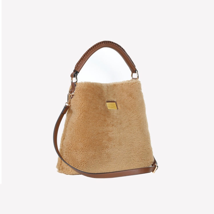 Roberto Festa BORSA A SPALLA IN MONTONE COLOR TEDDY CON MANICO IN PELLE CUOIO PANDA