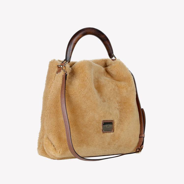 Roberto Festa BORSA A SPALLA IN MONTONE COLOR TEDDY CON MANICO IN LEGNO NOCE BIANCA