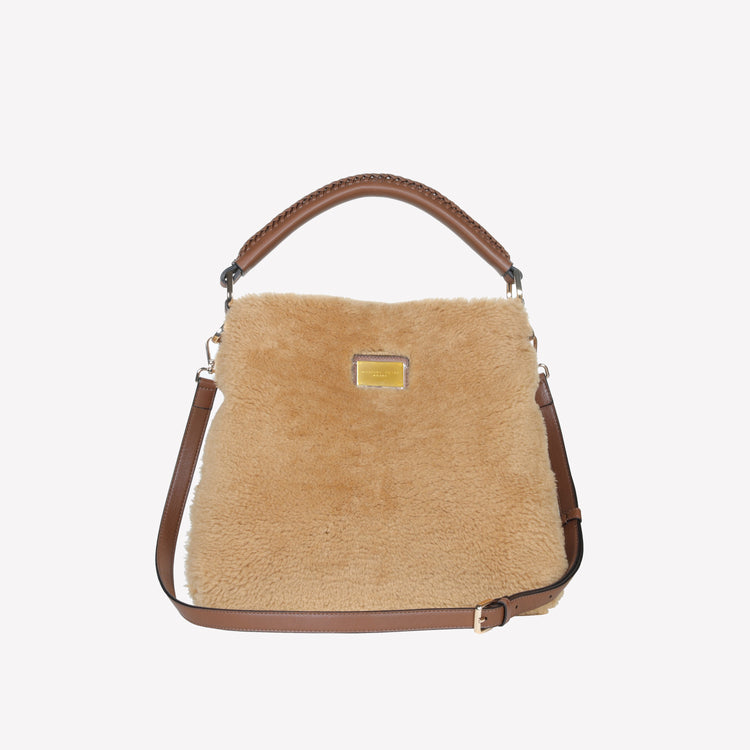 Roberto Festa BORSA A SPALLA IN MONTONE COLOR TEDDY CON MANICO IN PELLE CUOIO PANDA