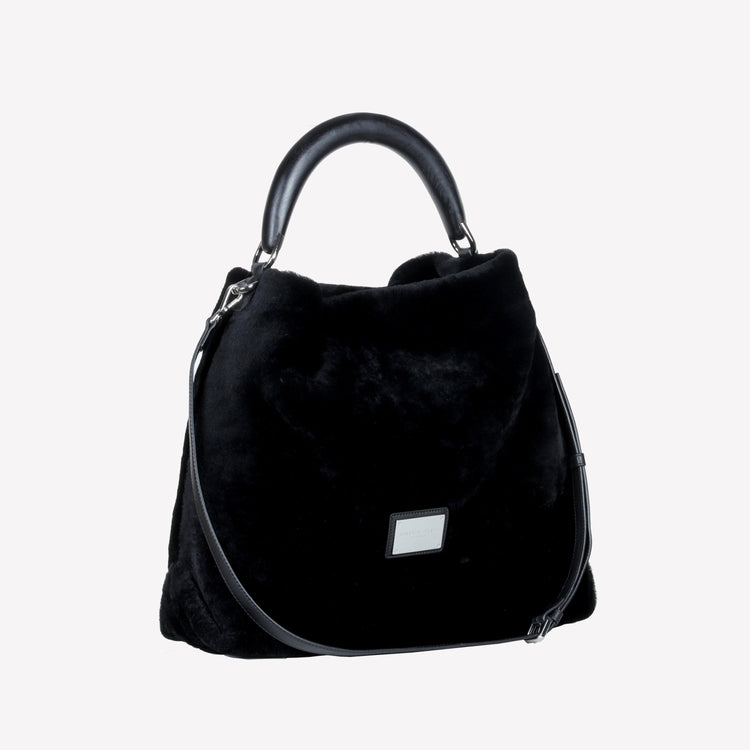 Roberto Festa BORSA A SPALLA IN MONTONE EFFETTO VISONE COLOR NERO CON MANICO IN LEGNO NERO BIANCA