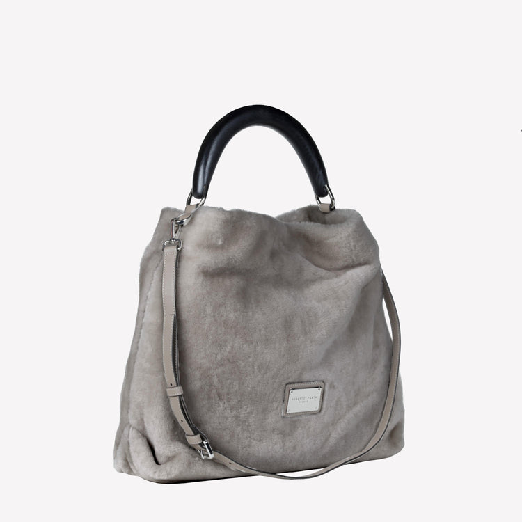 Roberto Festa BORSA A SPALLA IN MONTONE EFFETTO VISONE COLOR NUTRIA CON MANICO IN LEGNO NERO BIANCA