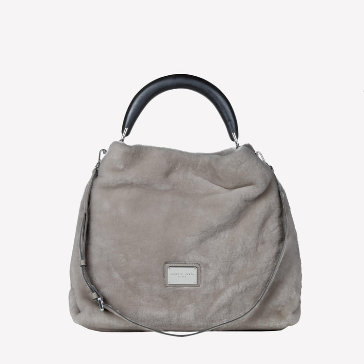 Roberto Festa BORSA A SPALLA IN MONTONE EFFETTO VISONE COLOR NUTRIA CON MANICO IN LEGNO NERO BIANCA