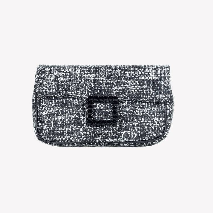 Roberto Festa BORSA A SPALLA IN TESSUTO CHICCO DI RISO BIANCO NERO CON ACCESSORIO FIBBIA QUADRA CON CRISTALLI LUNETTE