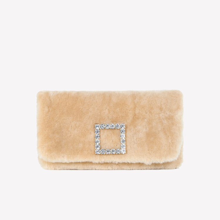 Roberto Festa BORSA CLUTCH IN MONTONE EFFETTO VISONE MIELE CON FIBBIA QUADRA COLOR GOLD CON CRISTALLI CAPRILUX