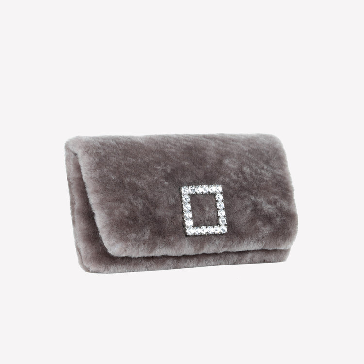 Roberto Festa BORSA CLUTCH IN MONTONE EFFETTO VISONE NUTRIA CON FIBBIA QUADRA COLOR SILVER CON CRISTALLI CAPRILUX