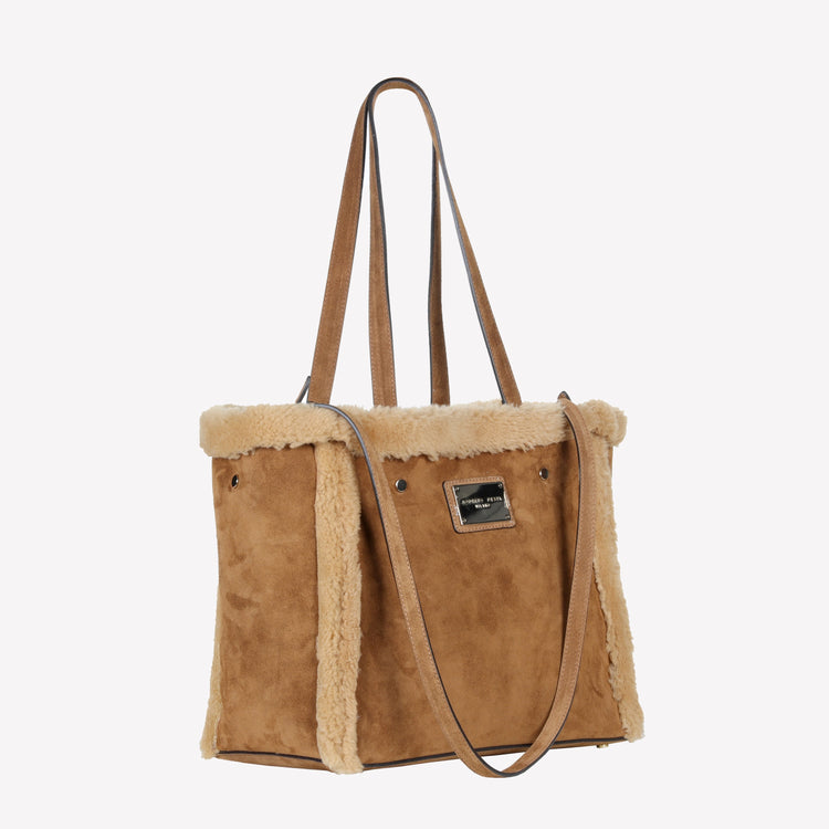 Roberto Festa BORSA SHOPPING IN CAMOSCIO LIGHT BRUCIATO CON RIPORTI IN MONTONE MIELE RAISSA