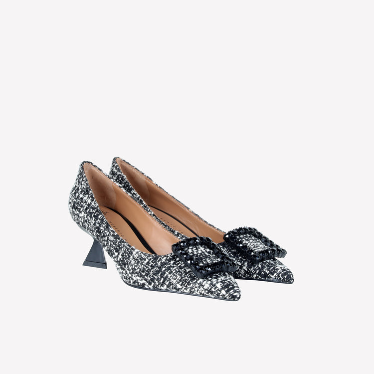 Roberto Festa DECOLLETE’ IN TESSUTO TWEED CON FIBBIA QUADRA CRISTALLI EVILLY