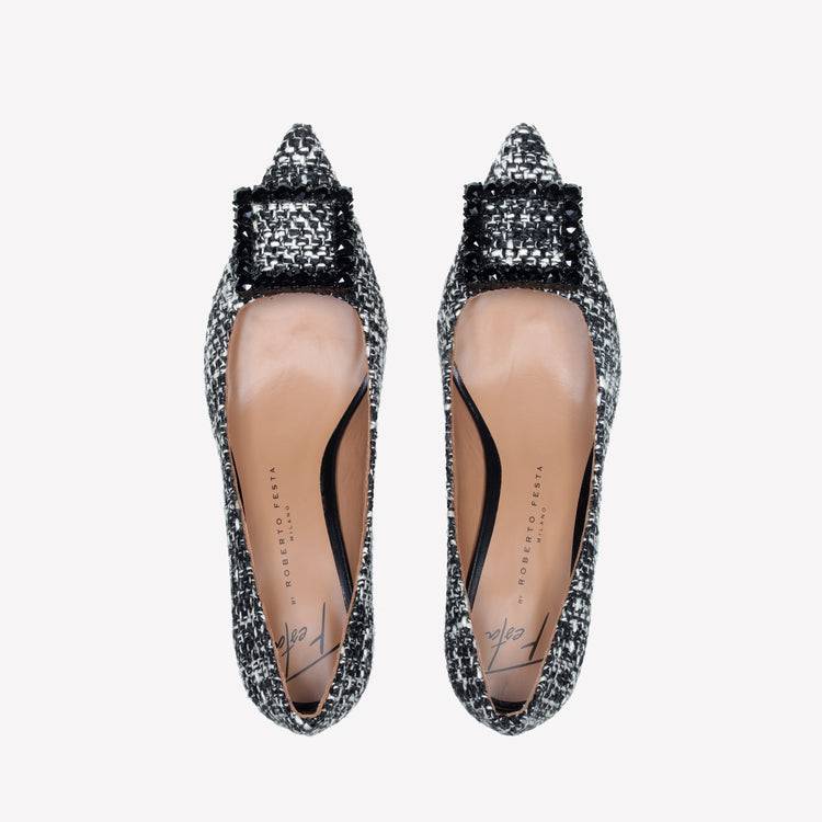 Roberto Festa DECOLLETE’ IN TESSUTO TWEED CON FIBBIA QUADRA CRISTALLI EVILLY