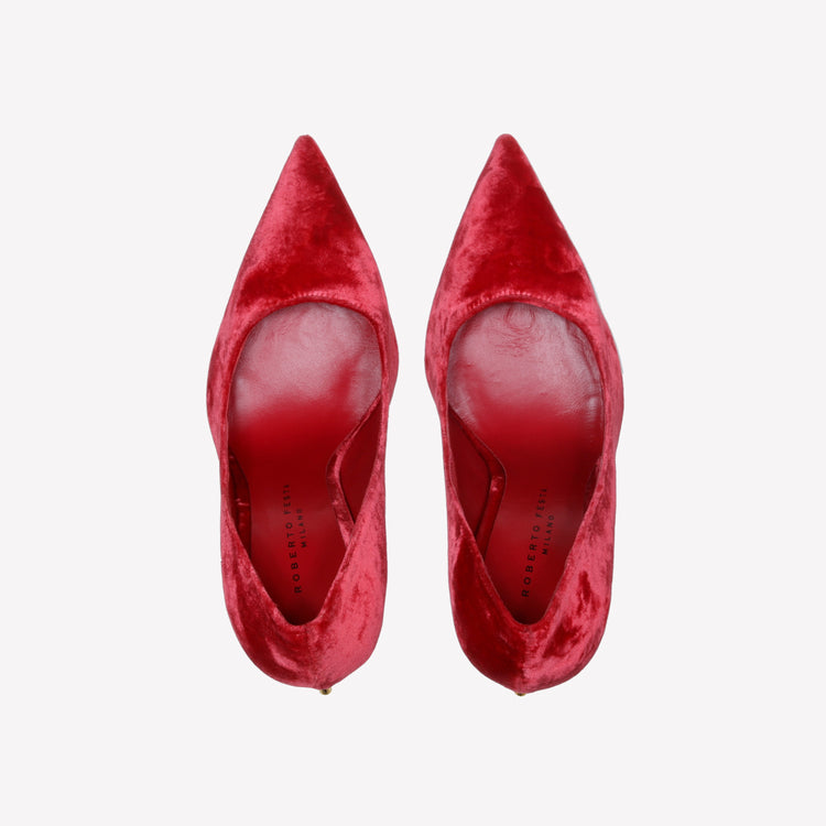 Roberto Festa DECOLLETE’ IN VELLUTO ROSSO CON TACCO SCULTURA LOGO DEAR