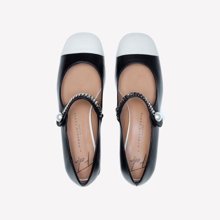 Roberto Festa DECOLLETE’ MARY JANE IN PELLE DI AGNELLO NERA CON PUNTINA CREAM SELENE