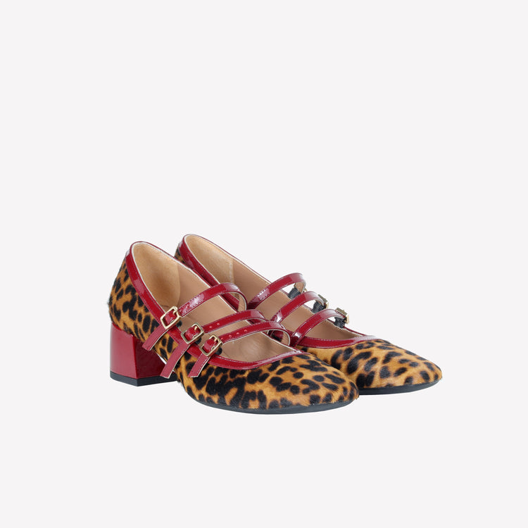 Roberto Festa DECOLLETE’ MARY JANE IN PELLE DI VITELLO CON STAMPA LEOPARDATA E CINTURINI MATY