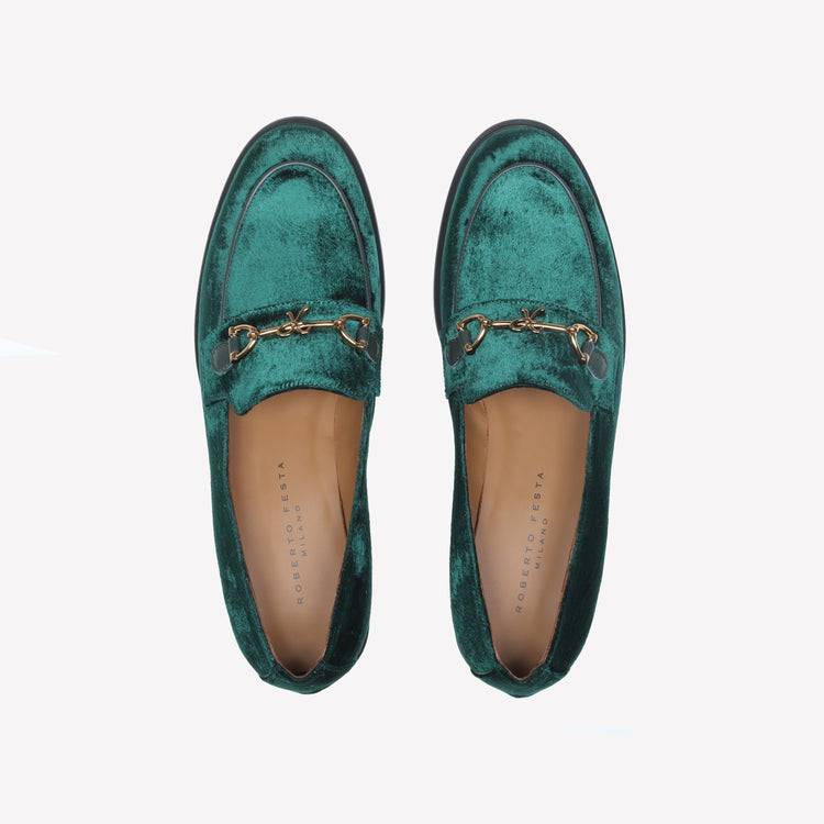 Roberto Festa MOCASSINO IN VELLUTO GREEN CON ACCESSORIO MORSETTO ORO AXEL