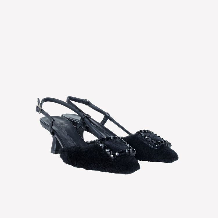 Roberto Festa SLINGBACK IN VISONE NERO CON FIBBIA QUADRA CON CRISTALLI STEFI