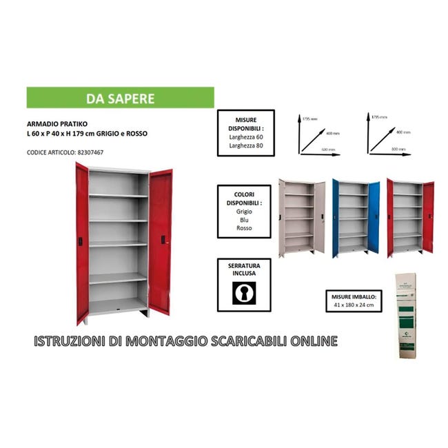 Leroymerlin Armadio Alto Pratiko U In Acciaio Rosso L 60 X H 179.5 X P 40 Cm 2 Ante Da Interno