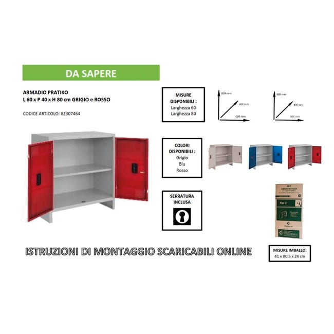 Leroymerlin Armadio Basso Pratiko L In Acciaio Rosso L 60 X H 80 X P 40 Cm 2 Ante Da Interno