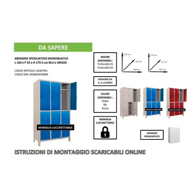 Leroymerlin Armadio Spogliatoio Monoblocco-Multi P35/E In Acciaio Grigio L 100 X H 179.5 X P 35 Cm 6 Ante Da Interno