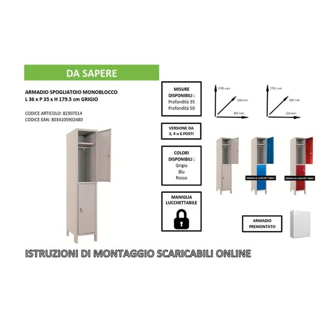 Leroymerlin Armadio Spogliatoio Monoblocco-Multi P35/G In Acciaio Grigio L 36 X H 179.5 X P 35 Cm 2 Ante Da Interno