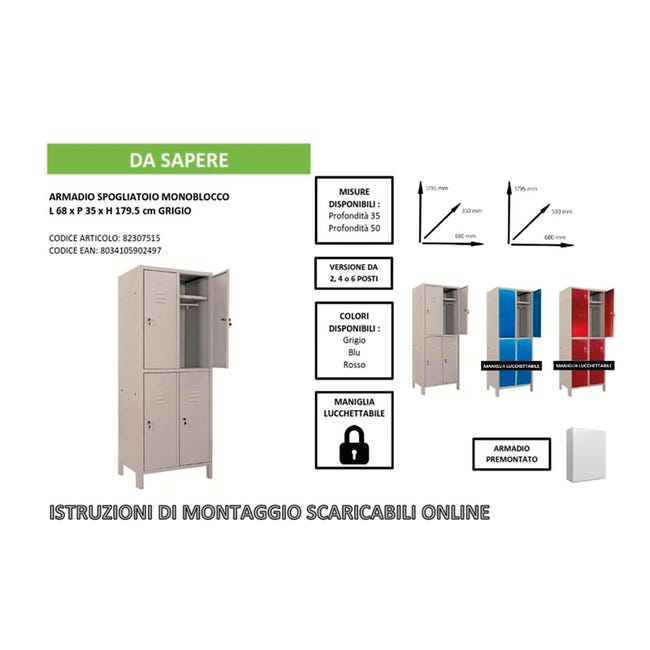 Leroymerlin Armadio Spogliatoio Monoblocco-Multi P35/H In Acciaio Grigio L 68 X H 179.5 X P 35 Cm 4 Ante Da Interno