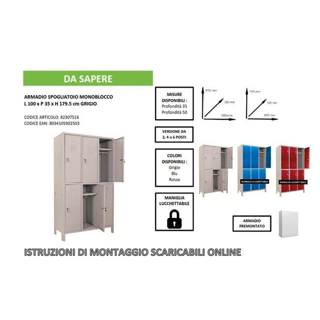 Leroymerlin Armadio Spogliatoio Monoblocco-Multi P35/I In Acciaio Grigio L 100 X H 179.5 X P 35 Cm 6 Ante Da Interno