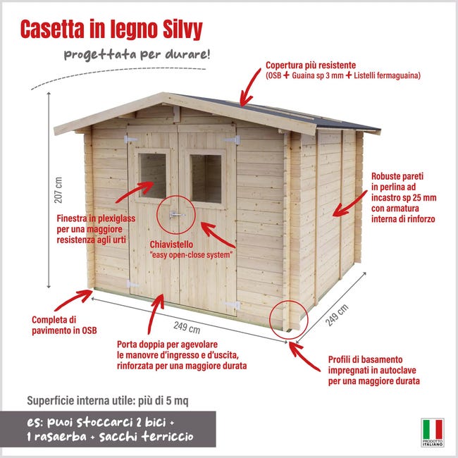 Leroymerlin Casetta Da Giardino In Legno Silvy Bh25 249x249 Cm Pefc Legno Grezzo Con Porta Doppio Battente Superficie Totale 6.2 M² E Spessore Parete 25 Mm
