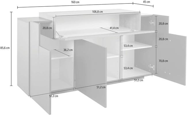 Leroymerlin Mobile Credenza CORO L 160 X H 85.5 P 45 Cm Bianco Lucido