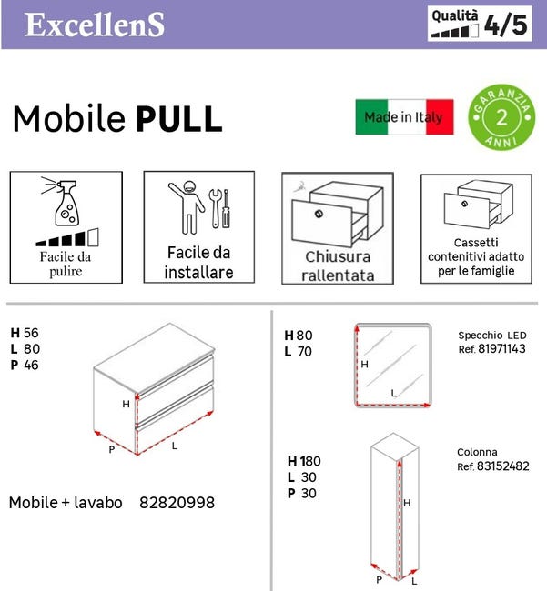 Leroymerlin Mobile Sottolavabo E Lavabo Pull Bianco Opaco In Mdf L 80 X H 56 X P 46 Cm 2 Cassetti