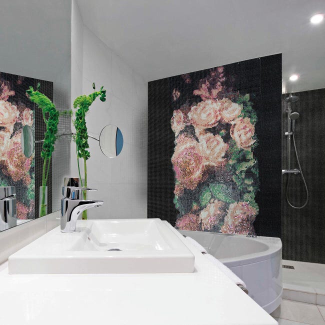 Leroymerlin Mosaico in vetro Bouquet Rosa 120x240 cm decoro completo multicolore L 30 x L 30cm x Sp. 4 mm 32 pezzi