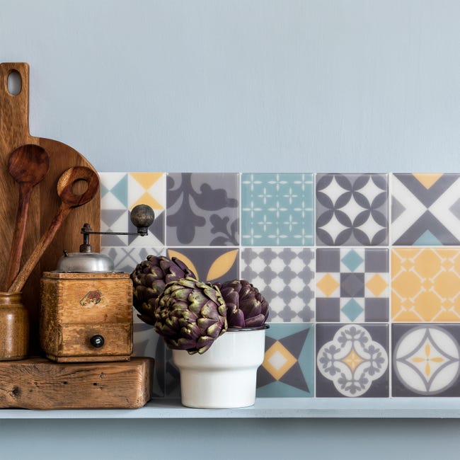 Leroymerlin Piastrella Adesiva Vintage Cadiz SMART TILES Grigio E Giallo E Verde Acqua 23 X 23 Cm Spessore 1.8 Mm Confezione Da 4 Pezzi