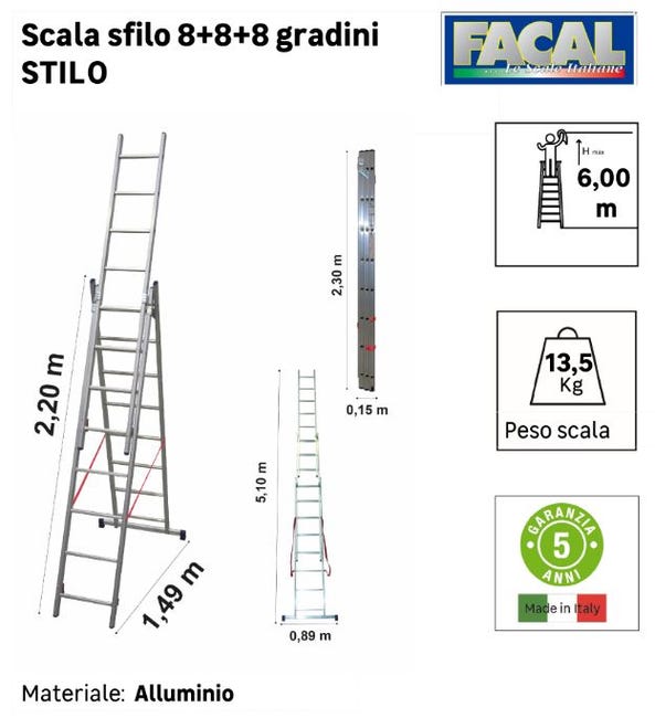 Leroymerlin Scala A Sfilo FACAL Stilo 3 Rampe In Alluminio 3 X 8 Gradini Portata Massima 150 Kg EN 131 Per Lavori Fino A 6 M