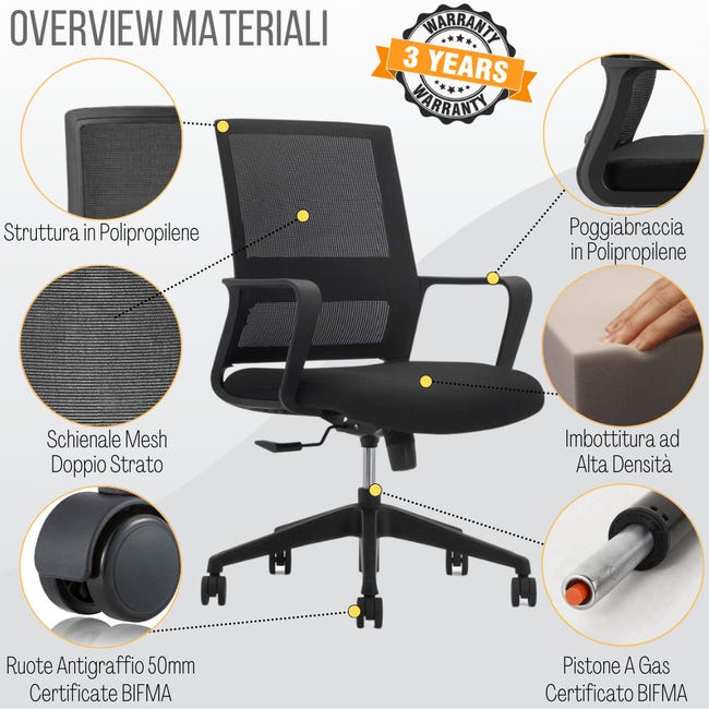 Leroymerlin Sedia Ufficio Ergonomica Supporto Lombare Regolabile E Traspirante - Nero