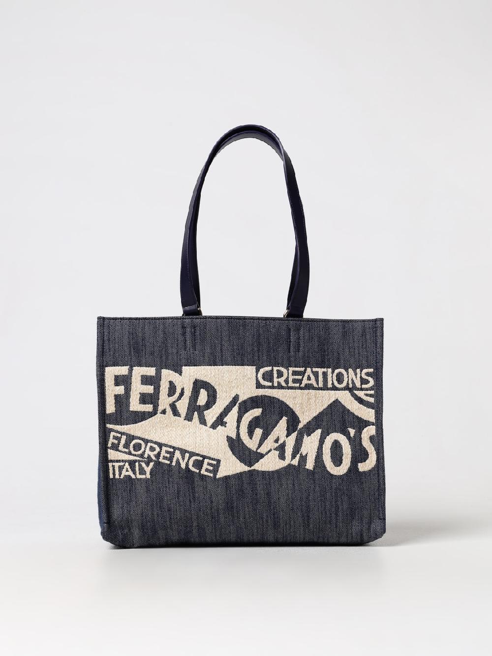 Giglio Borsa Tote Ferragamo in denim e pelle con logo jacquard