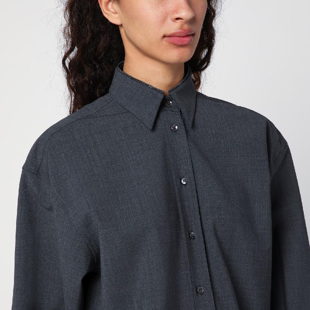 Brunello Cucinelli Camicia Grigia Scura Con Shiny Collar Detail
