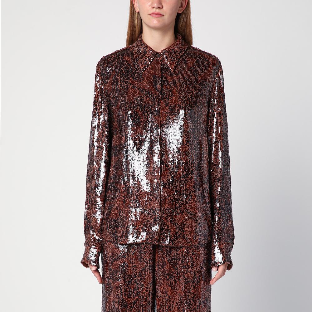 Dries Van Noten Camicia marrone con micro paillette