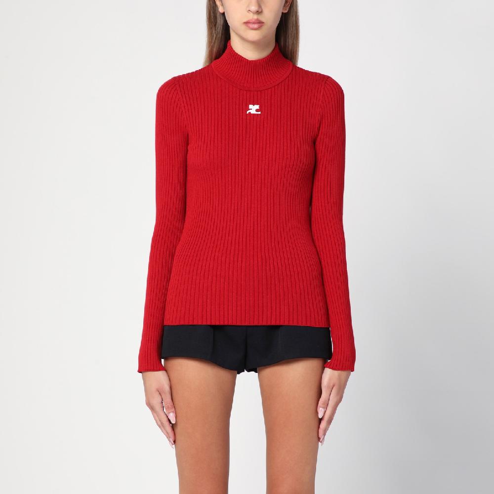 Courru00e8ges Maglia dolcevita rossa a coste