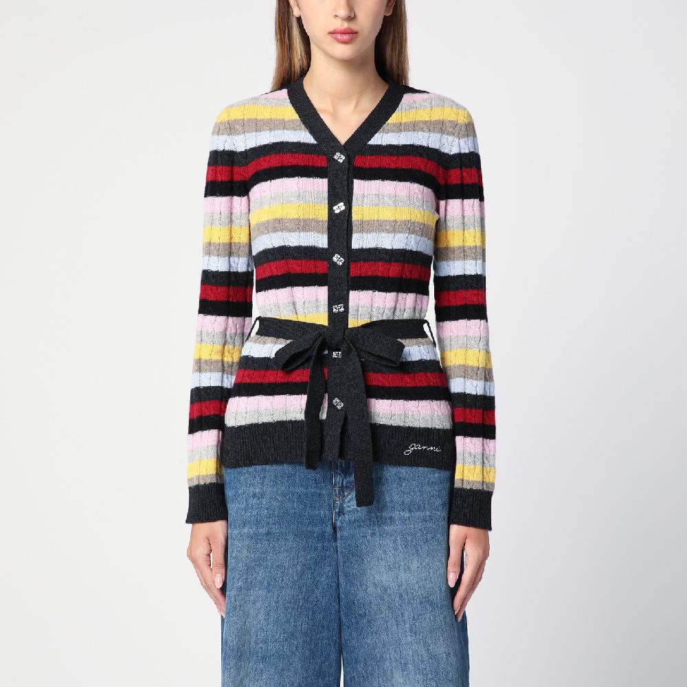 Ganni Cardigan a righe multicolore con cintura