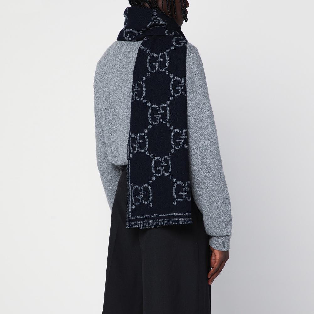 GUCCI Sciarpa In Lana GG A Quadri Grigia/blu