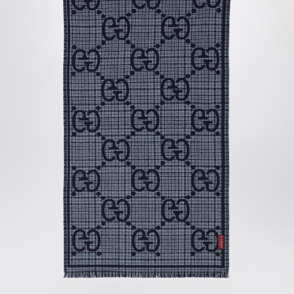 GUCCI Sciarpa In Lana GG A Quadri Grigia/blu