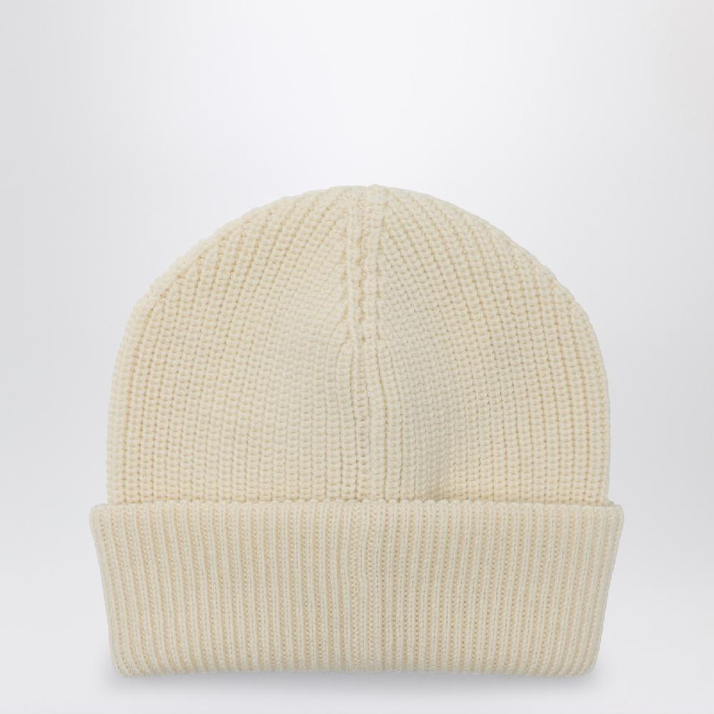 Moncler Cuffia Bianca In Lana Con Logo