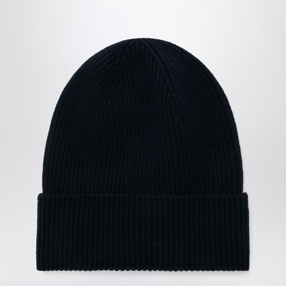 Moncler Cuffia Blu In Lana Con Patch Logo