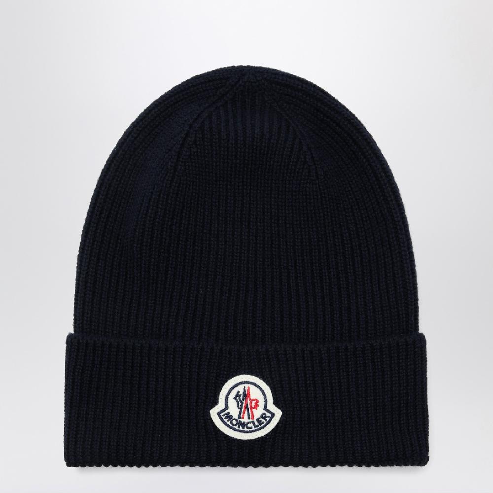 Moncler Cuffia blu in lana con patch logo