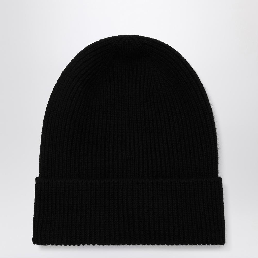 Moncler Cuffia Nera In Lana Con Patch Logo