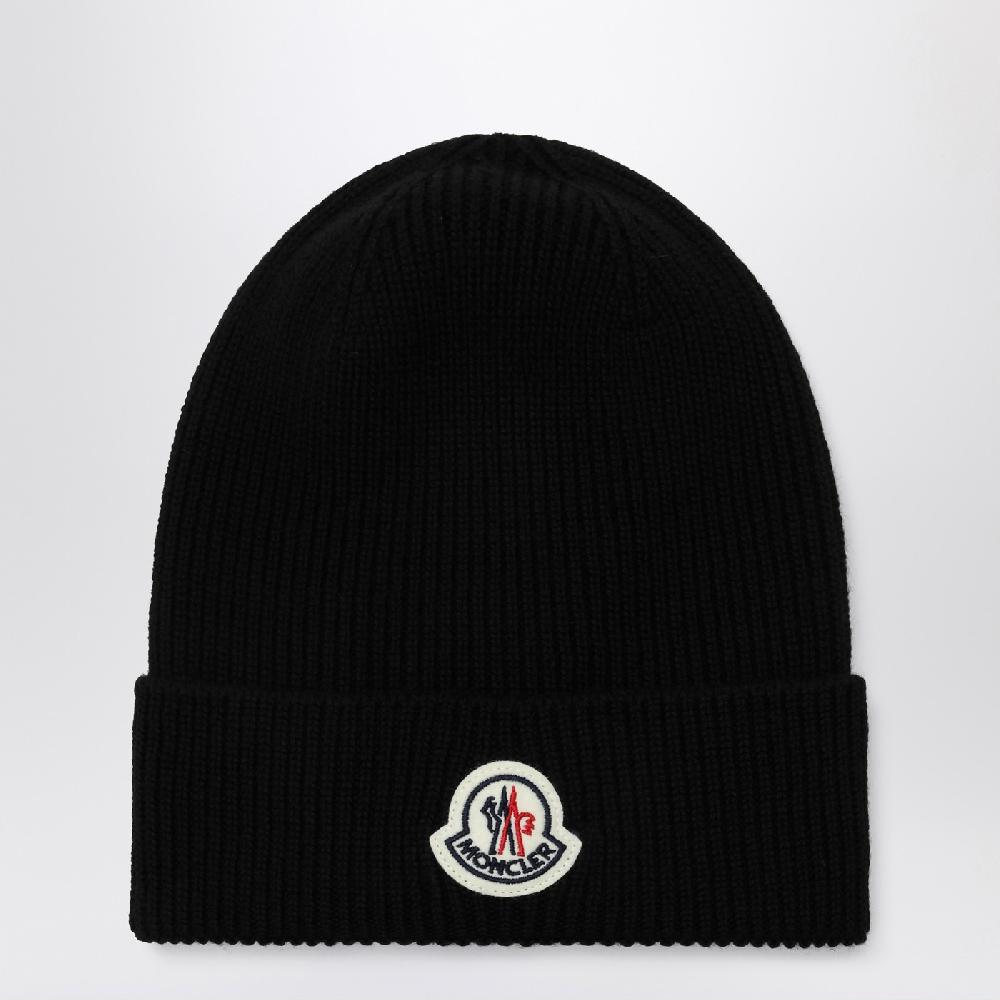 Moncler Cuffia nera in lana con patch logo