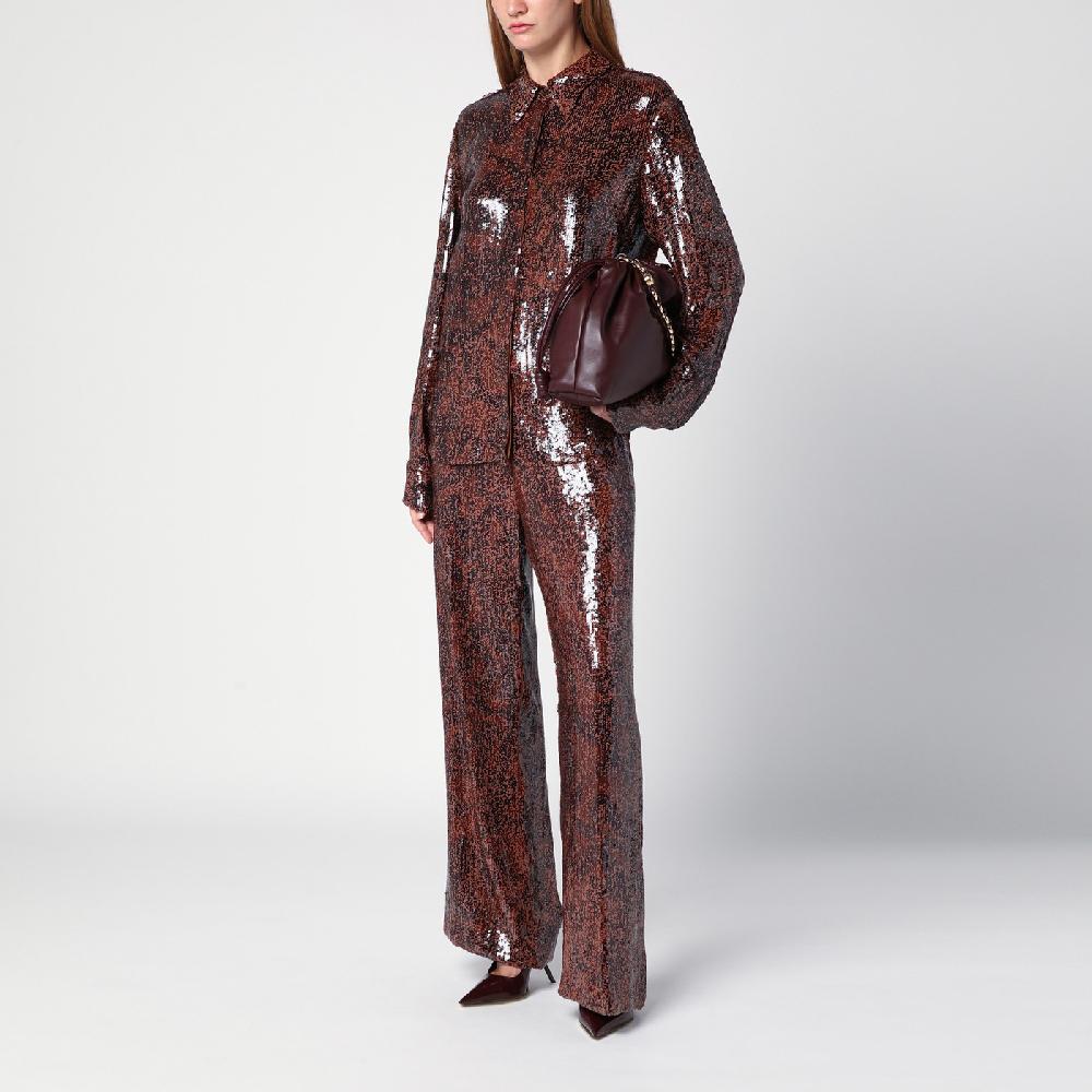 Dries Van Noten Pantalone Ampio Marrone Con Micro Paillette