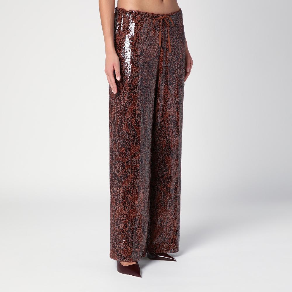Dries Van Noten Pantalone Ampio Marrone Con Micro Paillette