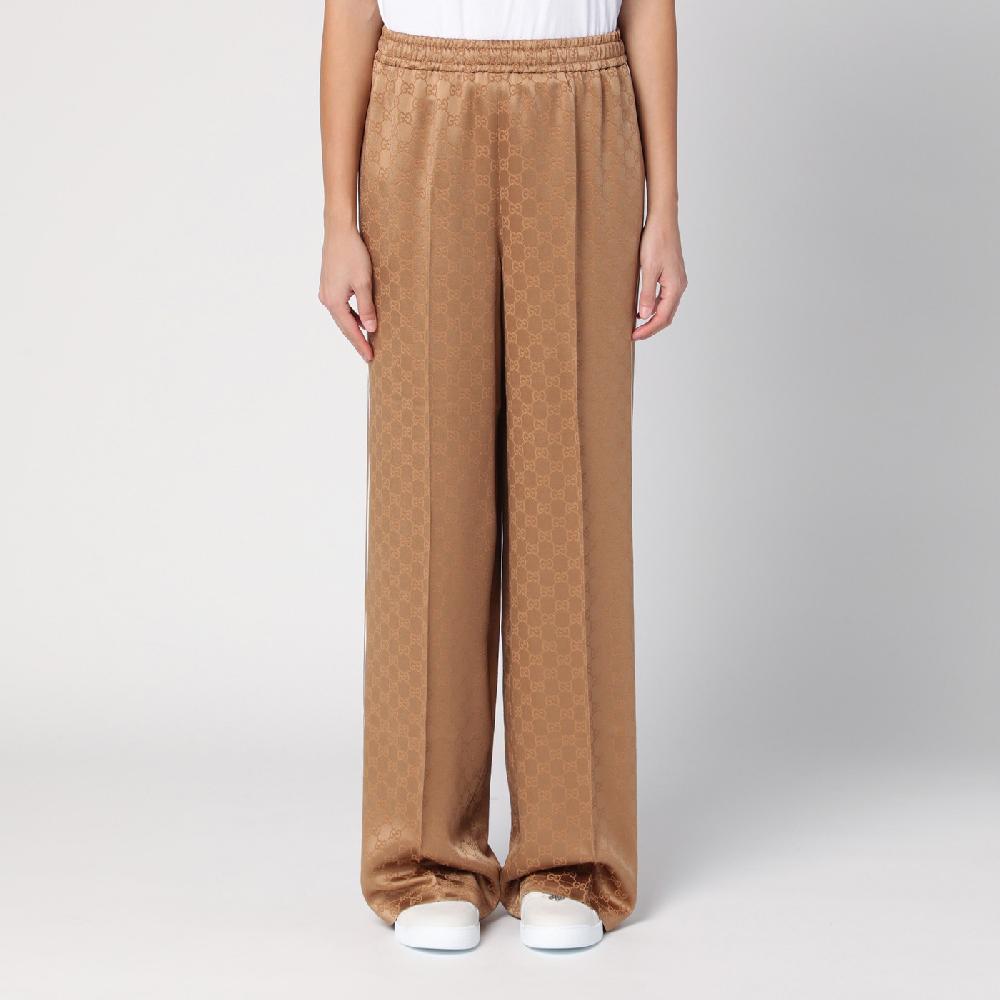 GUCCI Pantalone color cammello in jacquard di viscosa GG