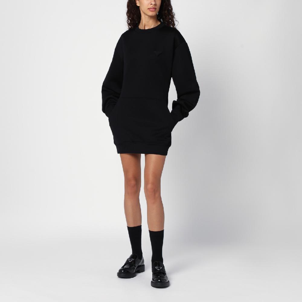 Prada Abito Corto Nero In Felpa Con Triangolo Logo
