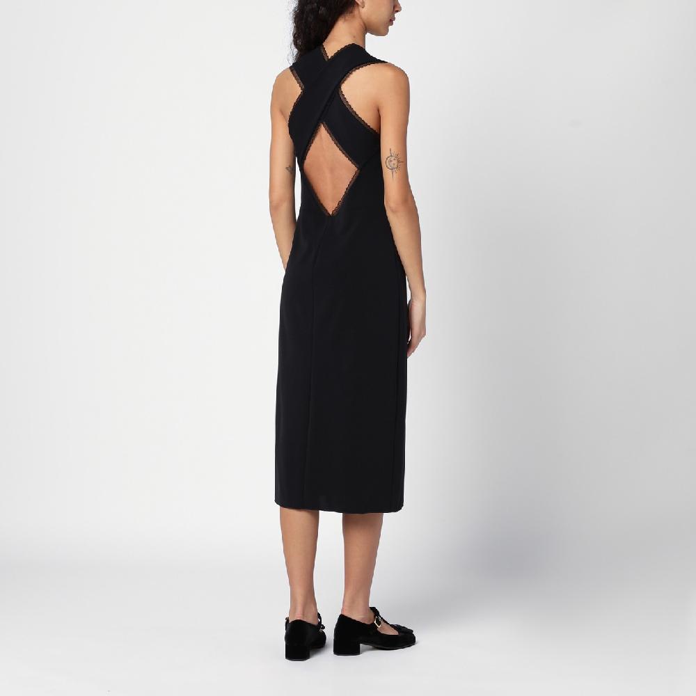 Prada Abito Midi Nero Con Dettagli In Pizzo