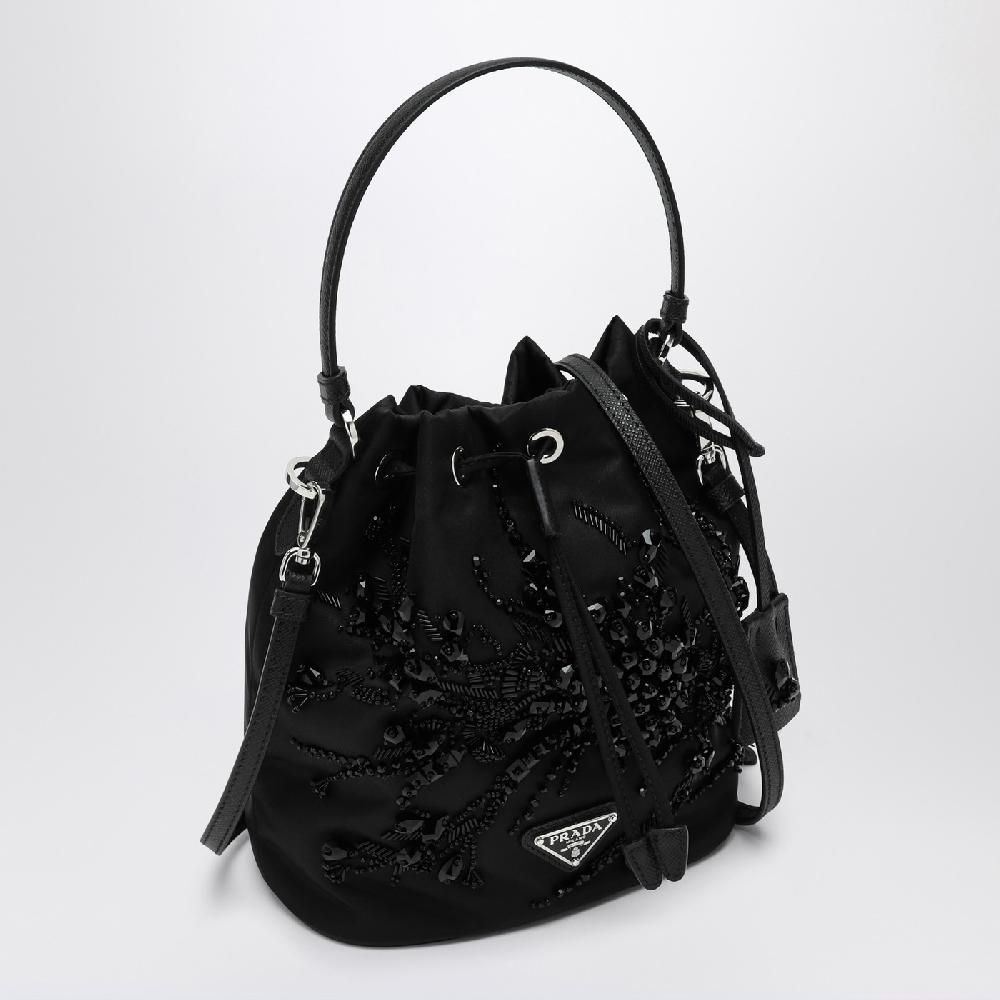 Prada Mini Borsa Nera In Re-Nylon Con Ricami