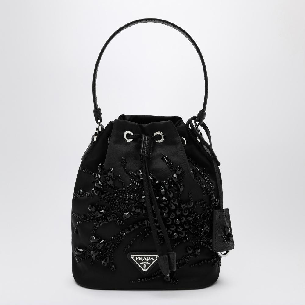 Prada Mini borsa nera in Re-Nylon con ricami